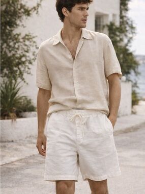 NWT ZARA Linen Blend Drawstring Shorts Cream White Relaxed Summer L